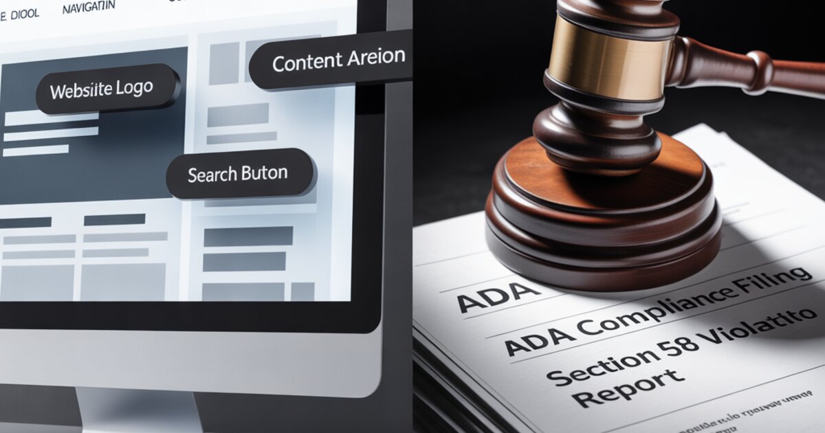 Split view of an accessible website with proper heading structure on one side and ADA complaint filings with a courtroom gavel on the other — website accessibility lawsuits targeting small businesses