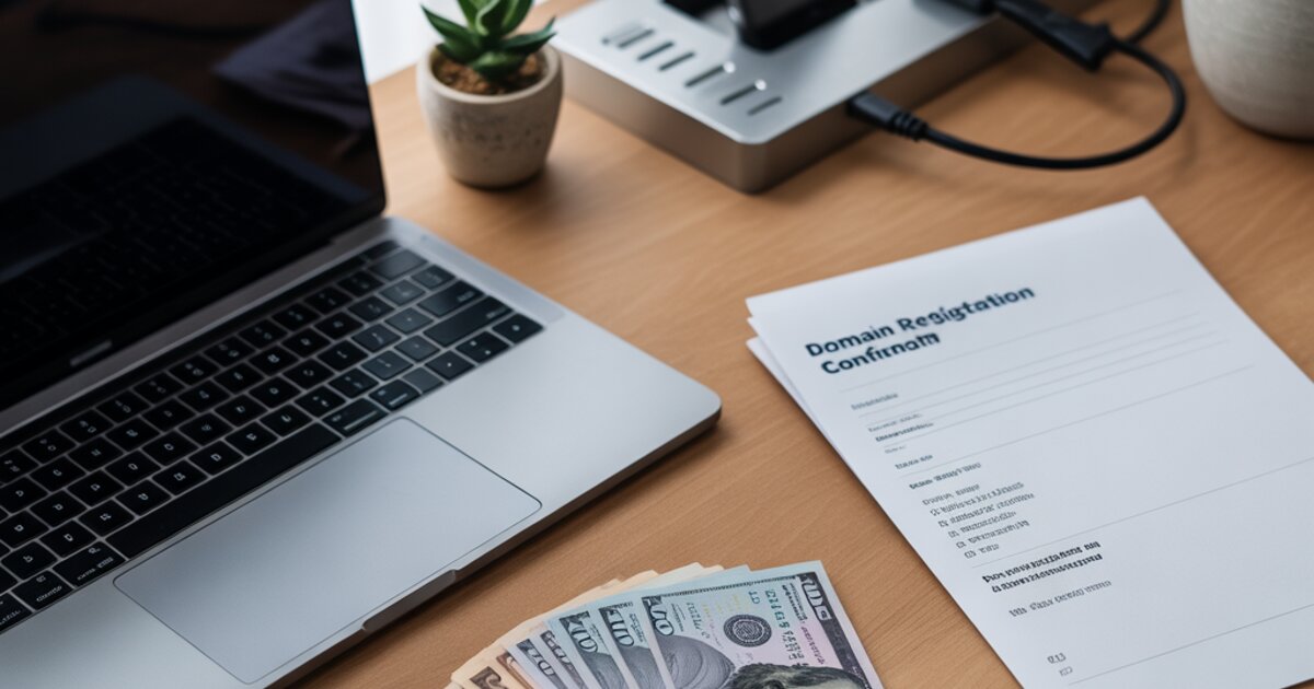Minimalist desk with a laptop, $97 in cash, a domain registration printout, and a small succulent — everything you need to start a digital business under $100