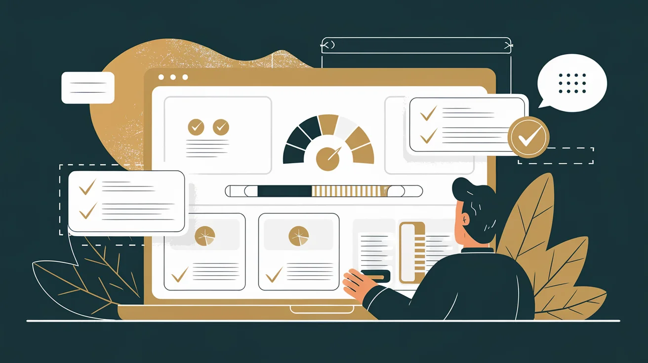 Laptop showing a website audit with score gauges and checkmarks