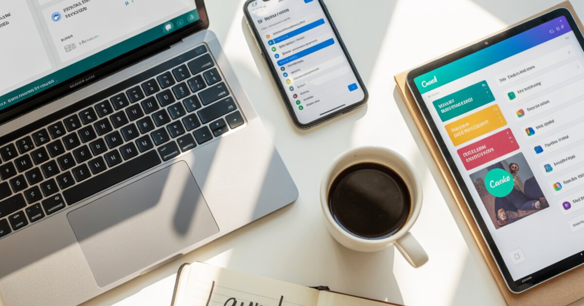Bird's-eye view of a clean desk with laptop, tablet, smartphone, and notebook showing a launch checklist — the free tool stack for starting an online business