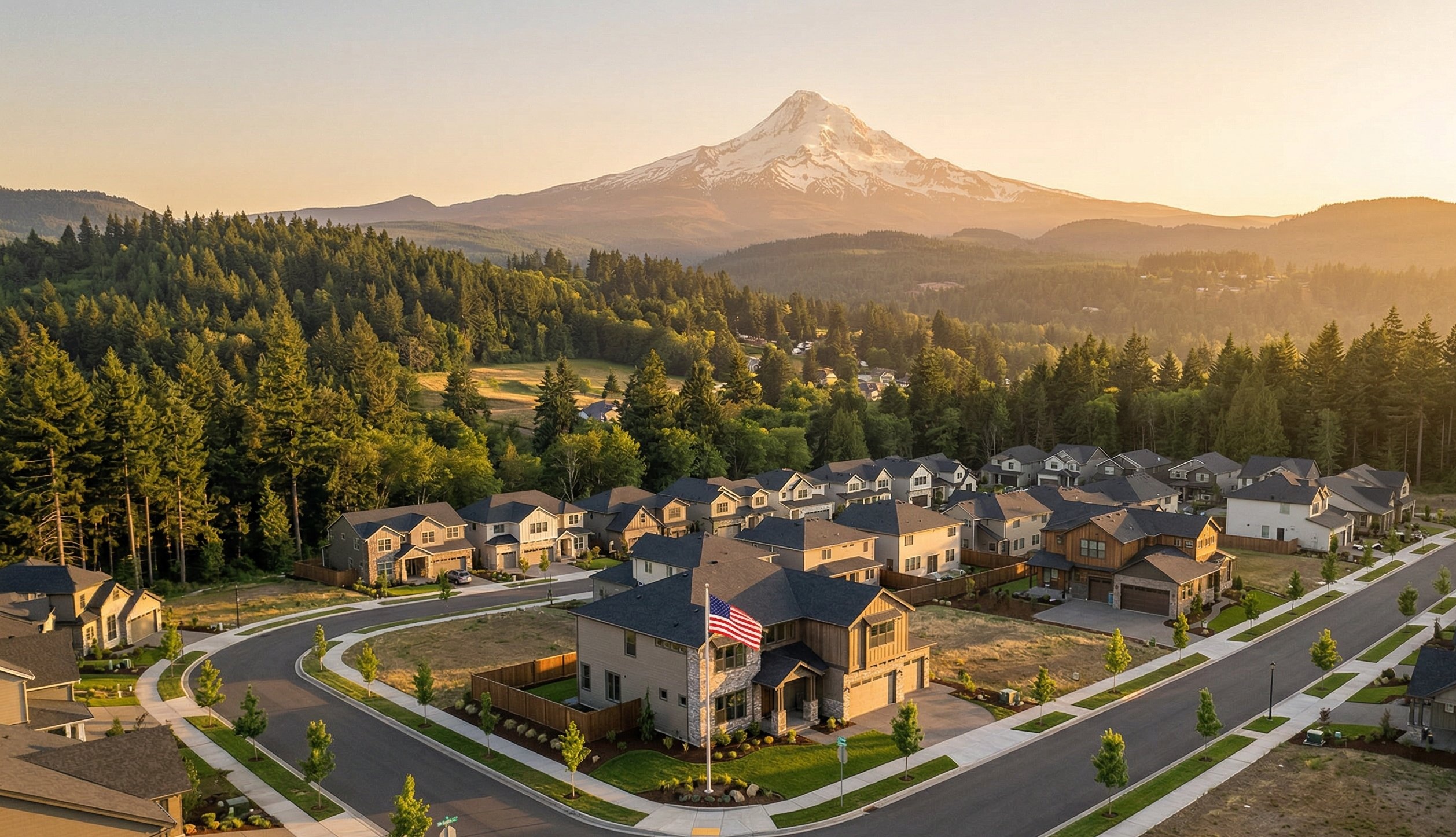 Pacific Northwest landscape with new construction neighborhood and Mount Hood