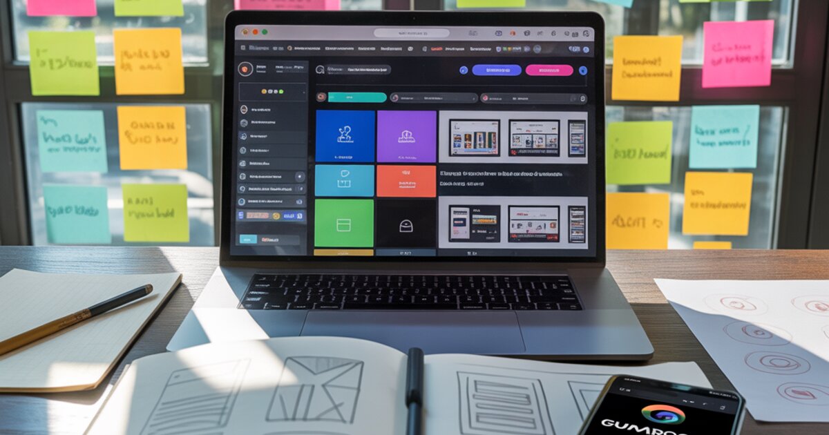 Creative workspace with laptop showing a drag-and-drop website builder, colorful sticky notes with business ideas, and a sketchbook with wireframes — no-code business ideas