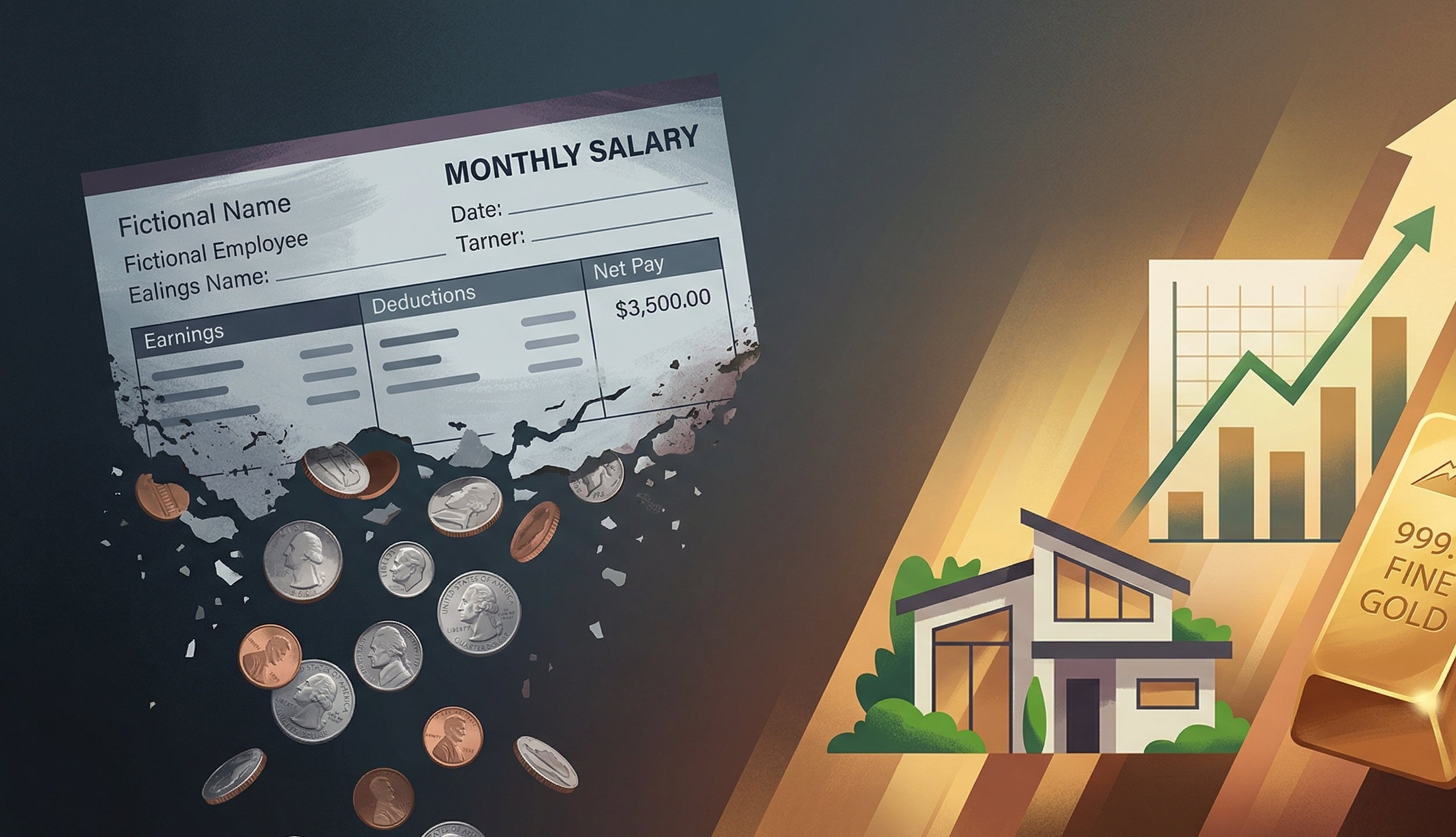 Paycheck dissolving into coins while assets grow — the W-2 wealth transfer