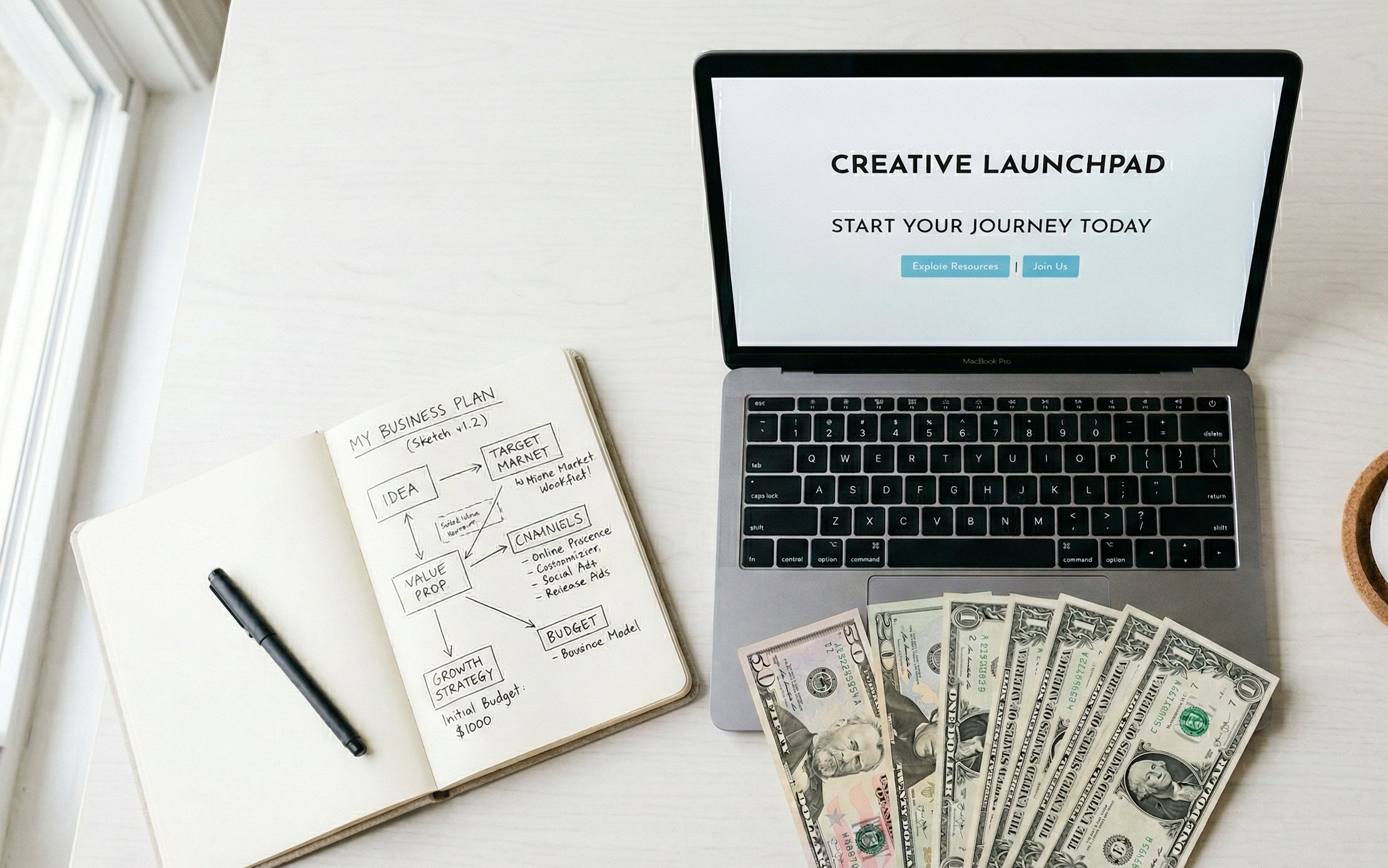 Laptop with business plan notebook and cash on a desk — the $97 launch setup