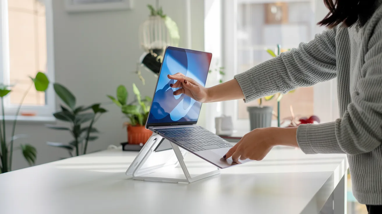 Person opening a laptop at a bright white desk