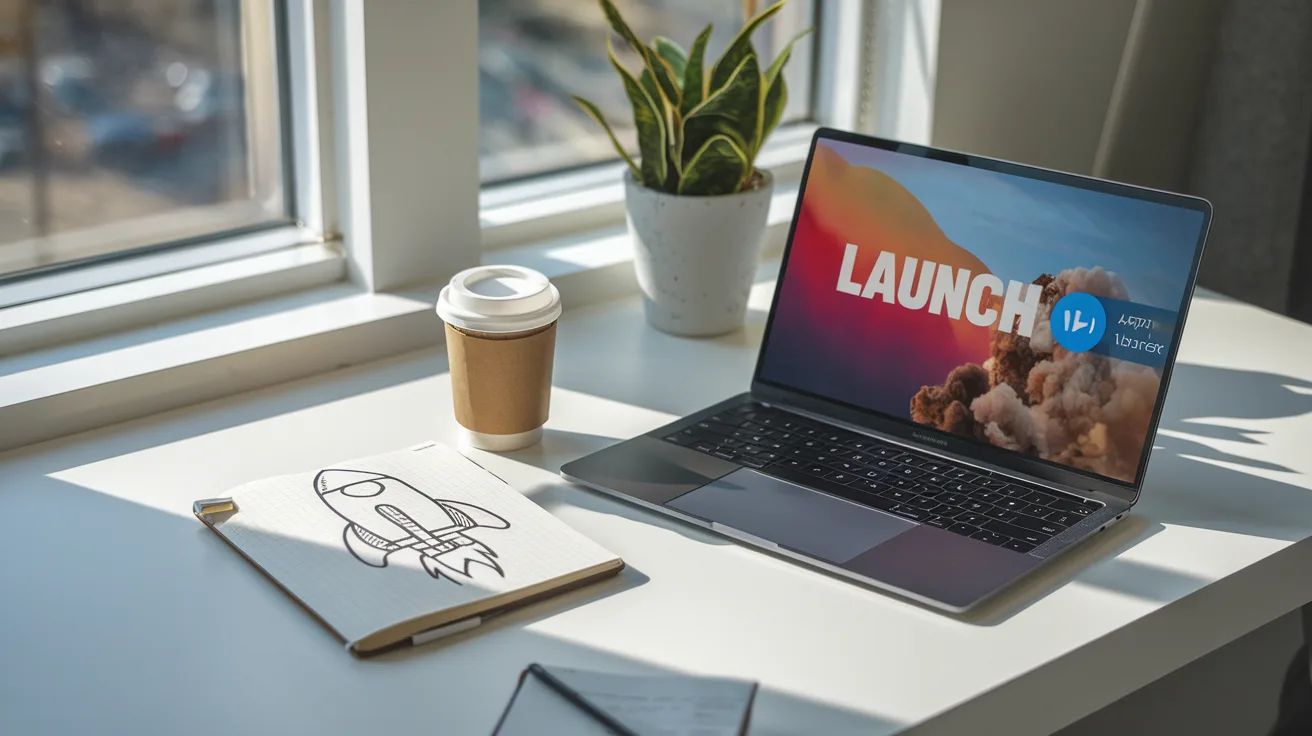 Laptop on a clean desk with coffee and notebook at sunrise